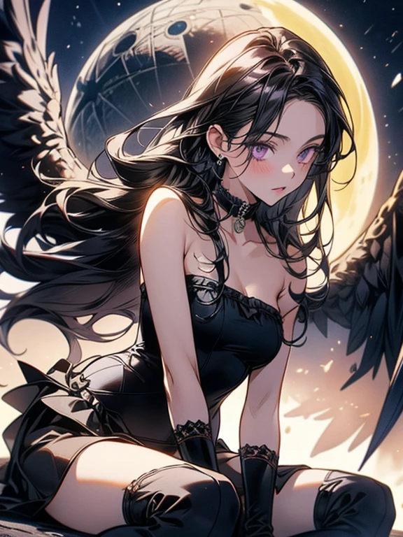 bad angel girl, niko、Nico Yazawa、Clouds at your feet、above the clouds、Beautiful night sky, fascinating look,moon、 fallen angel black costume、Big black wings、its wings are black、Towards the sky_splatters、floating