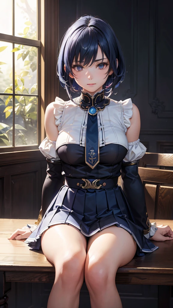 masterpiece、35-year-old female swordsman with bewitching and graceful face、Live-action cosplay photos、Navy Medium Straight Bob Hair、Jade-like eyes were put out、A little troubled eyebrows、moderately thin pale pink lips,,,,,,,,、Intricate facial details、Intricate body detailing、Masseter muscle area、Lots of fabrics、Partial exposure、Medium sized breasts、　White and blue warrior costume and silver armor々Woman wearing full body、Skirt with detailed design with folds、Broken black pantyhose、Comes with brown detailed short boot aller、I have a sword with fine decoration、Embarrassed look、Painful face，blush，Crying face，Please open your mouth a little、Extremely detailed、Extremely elaborate hands, Highly detailed feet、Highly detailed bright studio background、Photorealism、Dynamic Pose、pose、Chest is free、