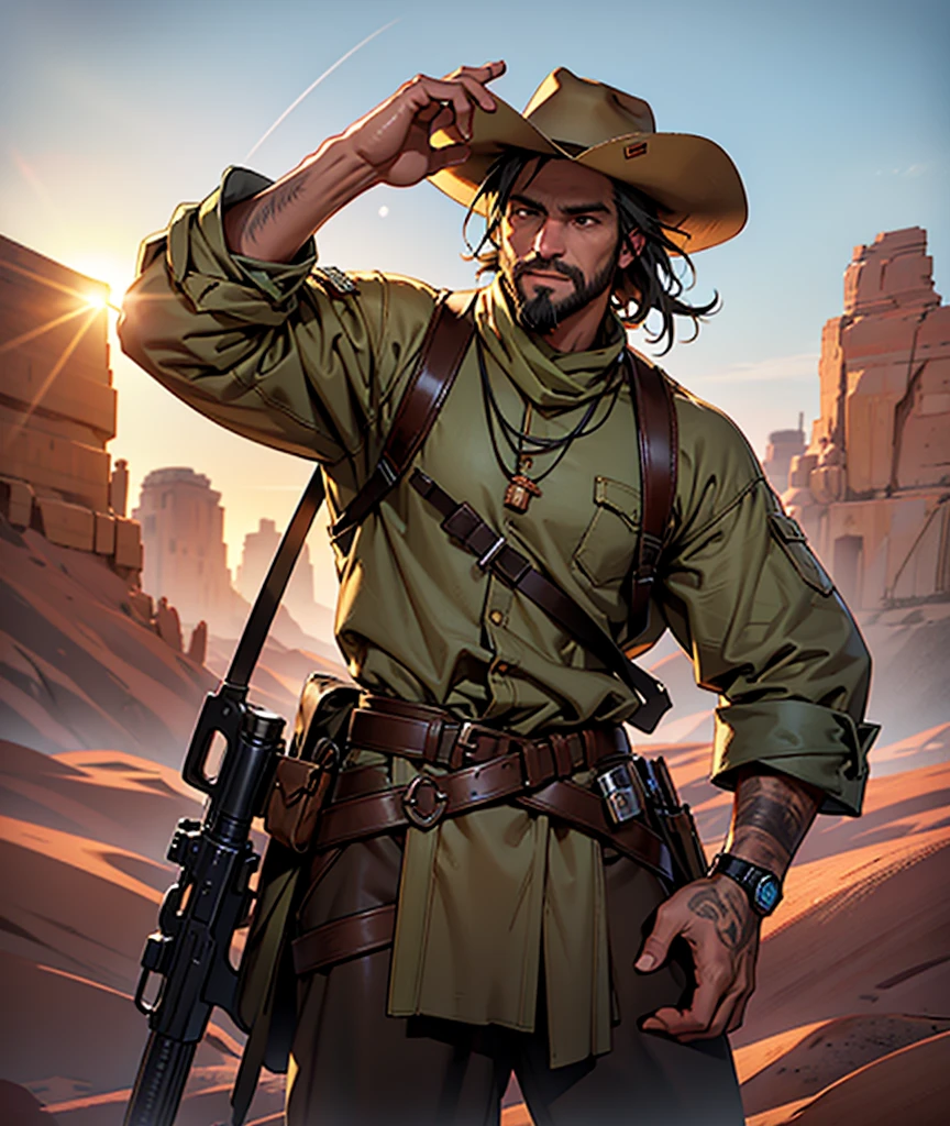 A cowboy with a primitive clothing design in a post-apocalyptic world. He rides a beautiful wild mustang horse in white and brown and holds his hat with one hand. He has a wheat twig in his mouth. The outfit is mostly brown and has Cheyenne ornaments. The torn outfit consists of a traditional PONCHO. A brown and black leather cowboy hat. He makes a gun sign with his fingers and points it at the viewer. In the background we can see a beautiful view of a red desert and tall cacti. Solo, 1 man, Serious, High resolution, Correct anatomy, Best quality, Fine details, Very detailed, UHD. Post-apocalyptic atmosphere. The man has a very cool and powerful style and pose. Wet hair, 3-day beard. Sunset, Extra realistic, Realistic, Photorealistic.  we can clearly see the cowboy's face, worn by time and a heavy history.