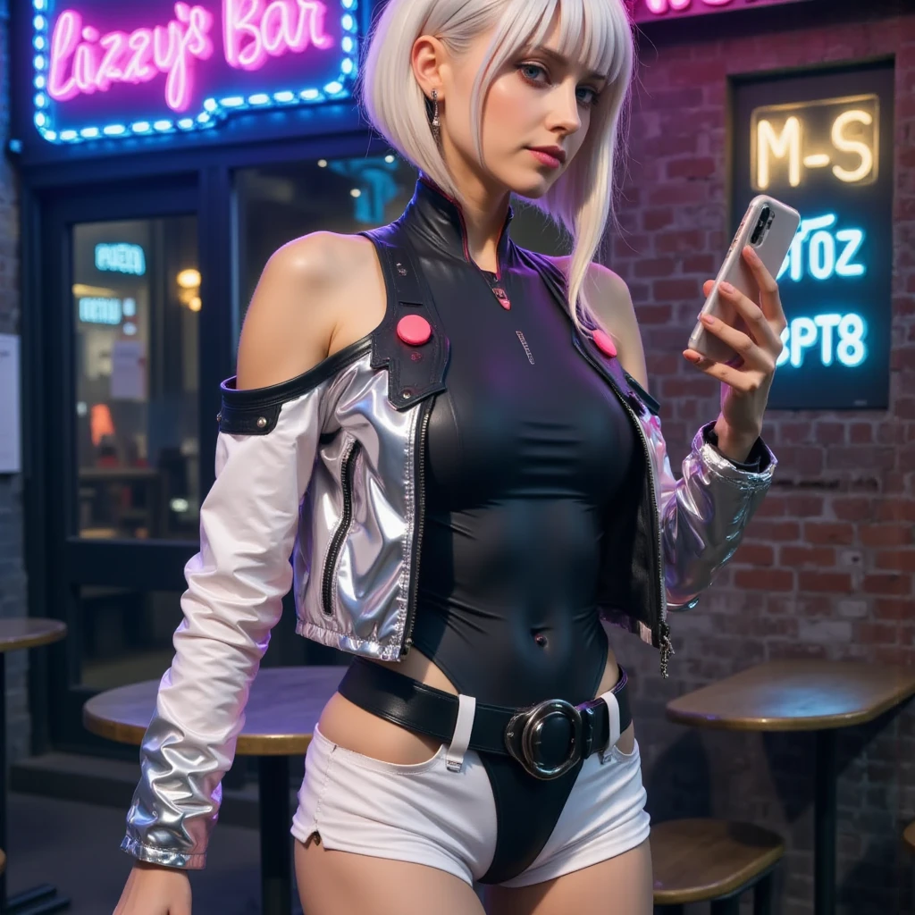 "Ultra high resolution, UHD, Ultra-detailed, hyper-realistic skin texture, high-quality rendering, Photorealistic portrait , lucynova” “choppy bob, asymmetrical pure white hair styled in a layered "Short Pink and blue highlights” **"She is wearing a sleek black leotard with a high neck and sleeveless design, leaving her shoulders and upper arms exposed. The material is a glossy, high-tech synthetic with a leather-like texture, fitting snugly for a futuristic aesthetic. Accenting her outfit is a metallic white jacket with a shiny, reflective finish and a similar leather-like texture, paired with matching white shorts.Her utility belt, made of matte black material with a rugged, utilitarian design, is equipped with small rectangular pouches around the waist. Completing the look are glossy black thigh-high boots that extend to the mid-thigh, creating a seamless, streamlined appearance with minimal gaps between the boots and shorts."** , she is standing in front of a Bar, The neon sigh displays the name " Lizzy's Bar " , she is watching her iPhone screen, candid moment, wide angle, side profile shot, 