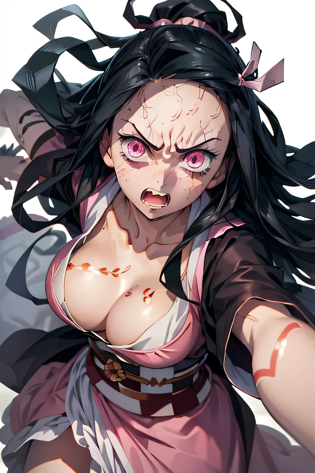 ((masterpiece))((high resolution))((detailed image)) 1 girl, Nezuko, close up face shot, pierce look, plain white BG, angry face, 