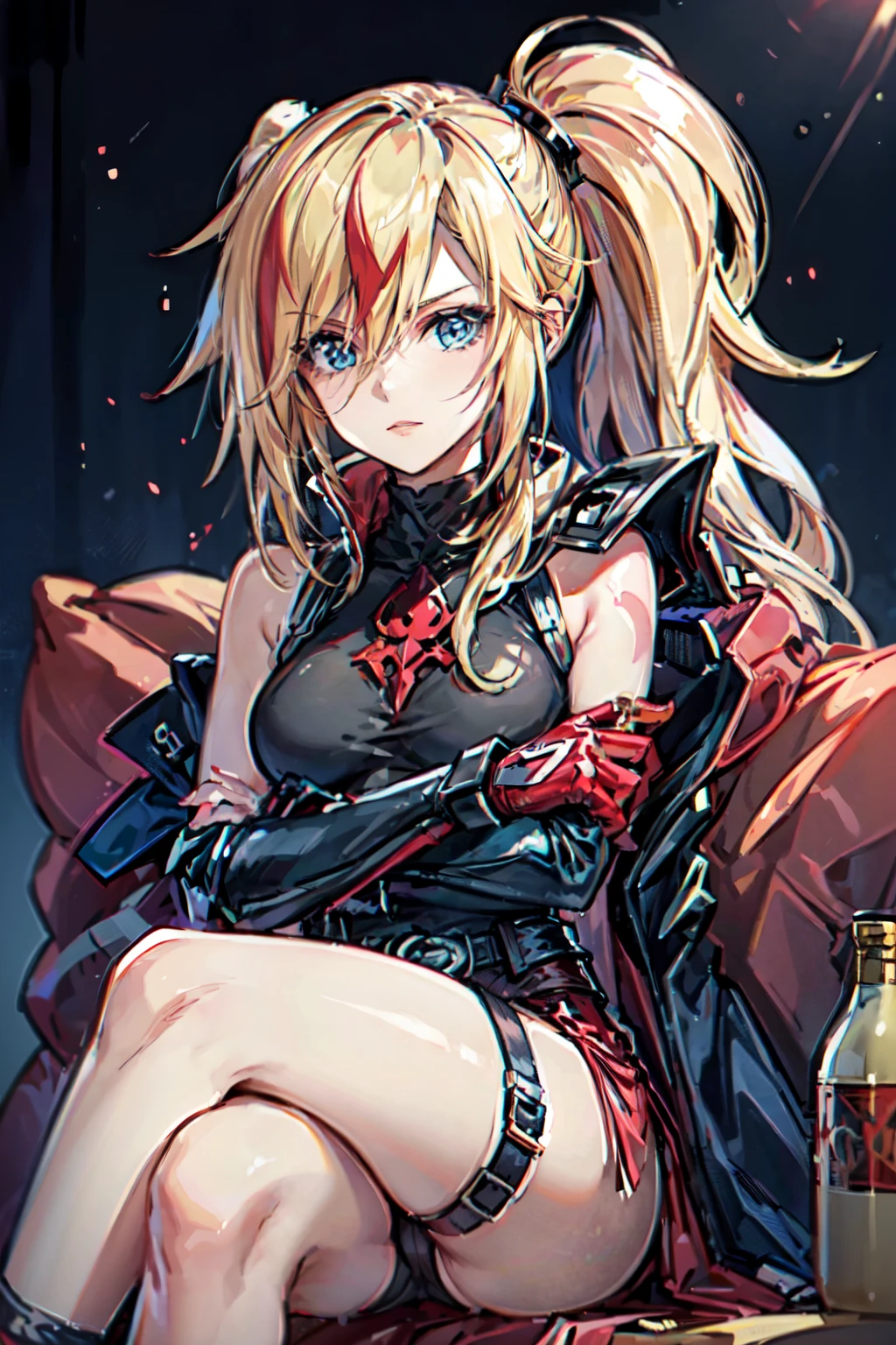 fantasy, fire mage, red witch costume, witch hat ,blonde, ponytail, violet eyes