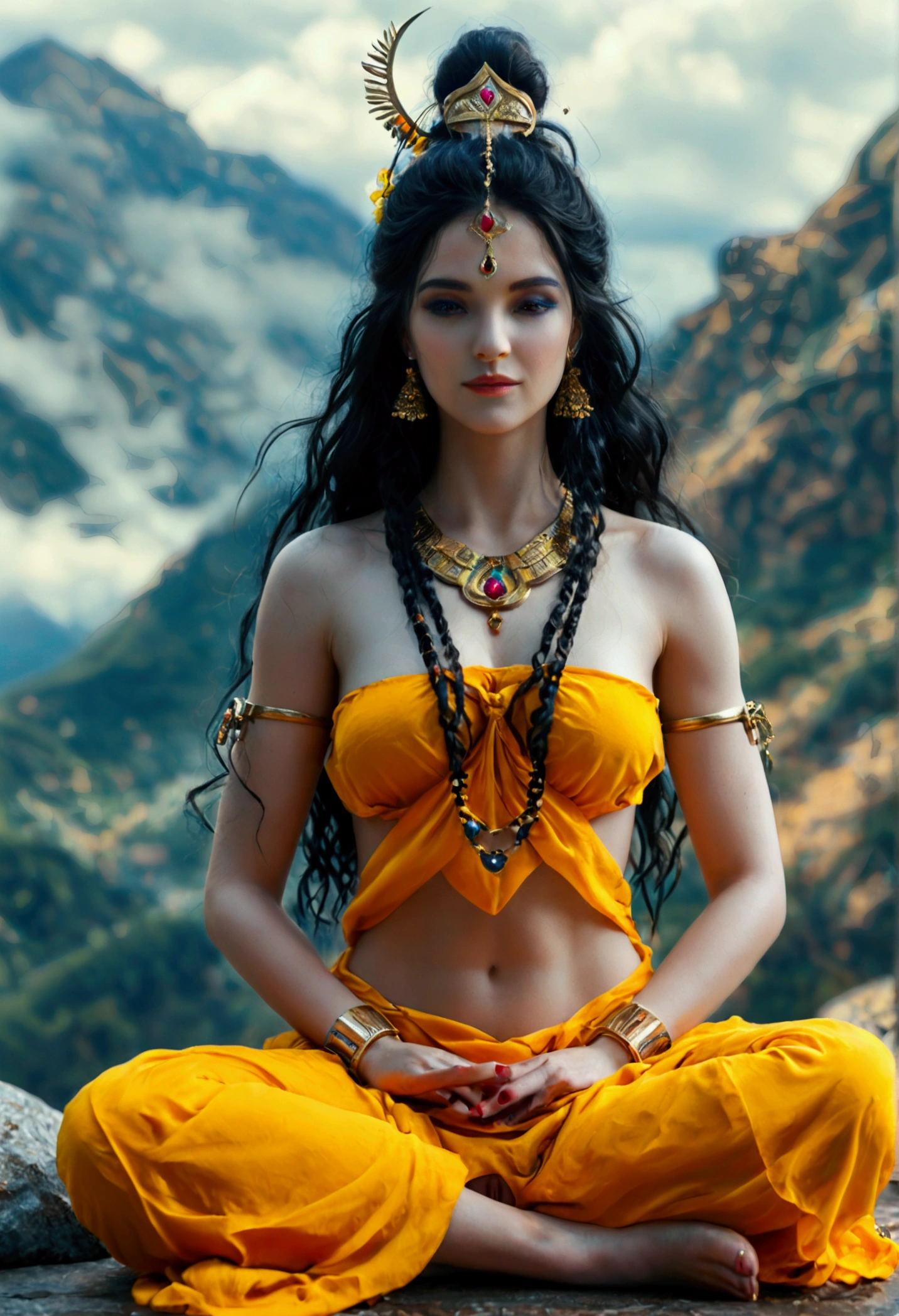 (((Nude pussy showing cute Goddess Kali meditating sitting on nude shiva , penis inside pussy))), on top of mystic mountain, dream light, heavinly environment, cinematic look, hollywood like color gradation, 4k, ultra real hd, 