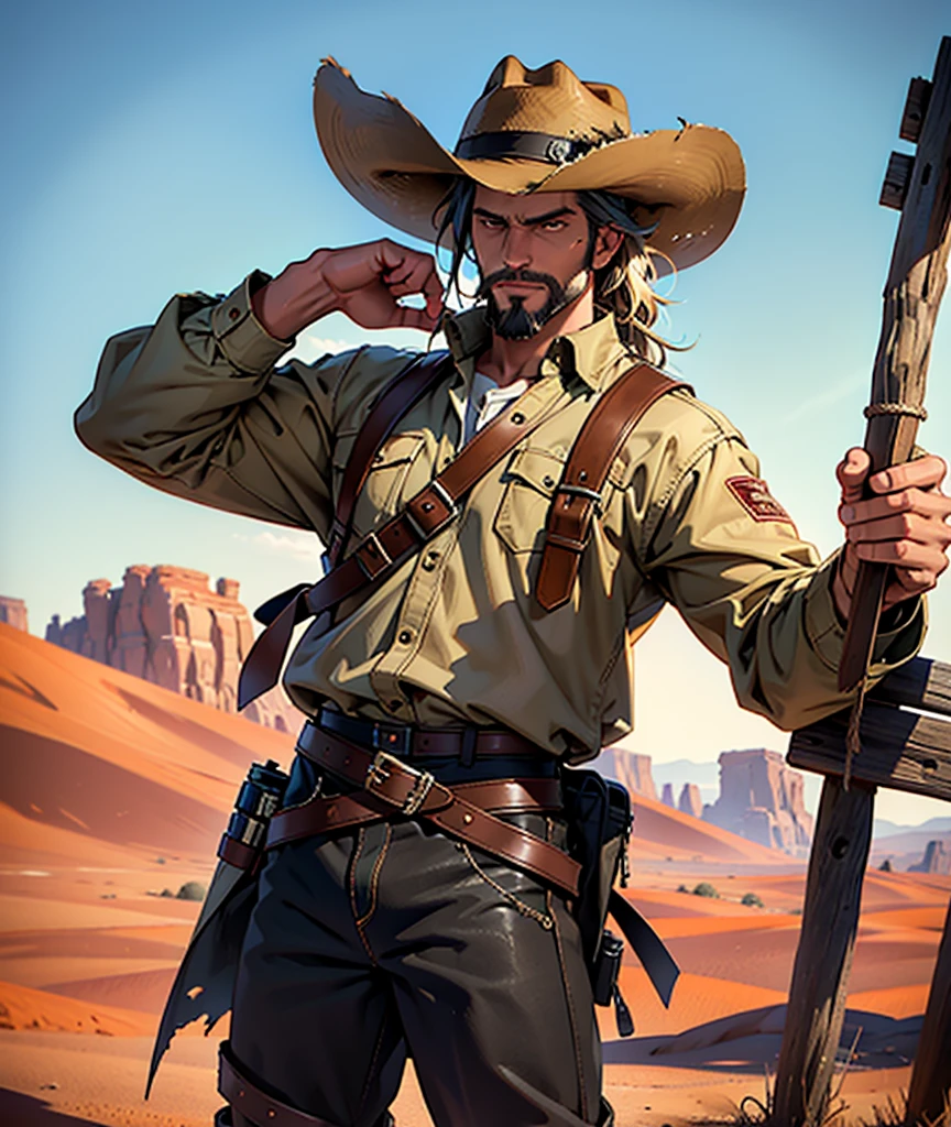 A cowboy with a primitive clothing design in a post-apocalyptic world. He rides a beautiful wild mustang horse in white and brown and holds his hat with one hand. He has a wheat twig in his mouth. The outfit is mostly brown and has Cheyenne ornaments. The torn outfit consists of a traditional PONCHO. A brown and black leather cowboy hat. He makes a gun sign with his fingers and points it at the viewer. In the background we can see a beautiful view of a red desert and tall cacti. Solo, 1 man, Serious, High resolution, Correct anatomy, Best quality, Fine details, Very detailed, UHD. Post-apocalyptic atmosphere. The man has a very cool and powerful style and pose. Wet hair, 3-day beard. Sunset, Extra realistic, Realistic, Photorealistic.  we can clearly see the cowboy's face, worn by time and a heavy history.UHD, Très détaillé, Haute qualité, Détails fins, Qualité, Modèle HD, Qualité Meilleure, Anatomie correcte, Résolution Haute, 