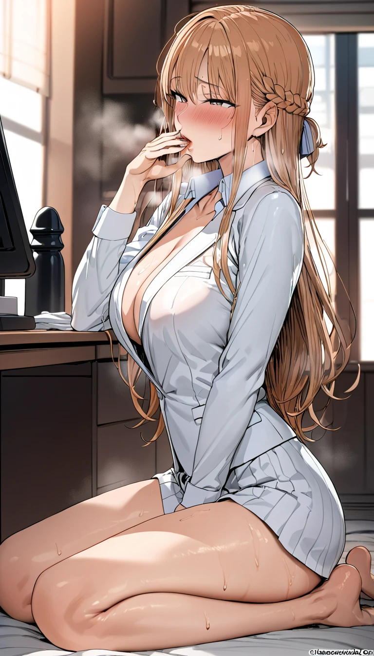 (side view1.5), hetero,High quality,Ultra-high resolution,High-definition illustrations,Masterpiece,extremely detailed,detail mouth,detail eyes,highres,Eyes delighted with pleasure,hetero couple,(sexy secretary milf glossy lips is lust),office boss room,office LEDY style,faceless man,erect penis,gymnasium storeroom,in heat,saliva,sweat,Medium breasts,moist skin,seductive,beautyfull curvy,long intricate hair,mole under eye,steamy body,blush,fall into pleasure,wariza, admired, blush,(((press penis against her nose))),(((smelling big penis )))