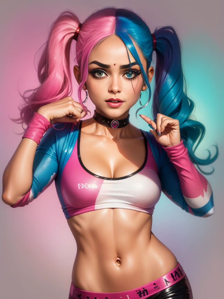 "prompt": "Describe the face of {{cute mrunalt}} as Harley Quinn, with pink and blue hair color.", "context": "mrunalt's portrayal of Harley Quinn brings a captivating and distinctive face to life, accentuated by her vibrant pink and blue hair color. As Harley Quinn, her face is a captivating combination of mischief and charm. mrunalt's features perfectly embody the playful yet unpredictable nature of the character. Her jawline is defined and carries a hint of rebellion, adding to the edginess and boldness of her appearance. Her eyes are striking and filled with a mischievous glint, reflecting Harley Quinn's unpredictable personality. {{cute mrunalt's}} eyebrows are expressive and often emphasized, adding to the intensity of her gaze. Her lips are a focal point, often adorned with vibrant and attention-grabbing lipstick, radiating both playfulness and seduction. Her nose has a natural shape that harmonizes with the rest of her facial features. {{cute mrunalt's}} complexion is typically portrayed with a flawless and luminous quality, enhancing the youthful and energetic side of Harley Quinn. Her face showcases a unique blend of animated expressions and a captivating balance of soft and sharp features. Combined with her pink and blue hair color, her face becomes a true embodiment of Harley Quinn's colorful and daring persona. {{cute mrunalt's}} face, complemented by her vibrant hair color, creates an iconic and unforgettable image that captures the essence of the beloved character, with the use of negative space."