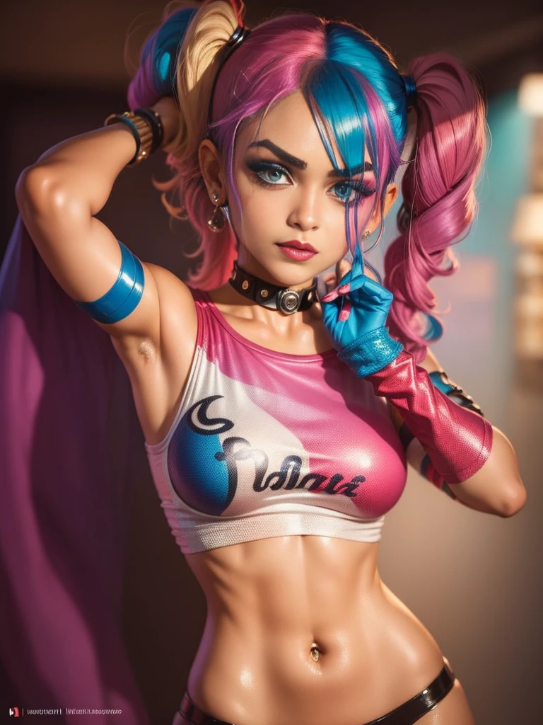 "prompt": "Describe the face of {{cute mrunalt}} as Harley Quinn, with pink and blue hair color.", "context": "mrunalt's portrayal of Harley Quinn brings a captivating and distinctive face to life, accentuated by her vibrant pink and blue hair color. As Harley Quinn, her face is a captivating combination of mischief and charm. mrunalt's features perfectly embody the playful yet unpredictable nature of the character. Her jawline is defined and carries a hint of rebellion, adding to the edginess and boldness of her appearance. Her eyes are striking and filled with a mischievous glint, reflecting Harley Quinn's unpredictable personality. {{cute mrunalt's}} eyebrows are expressive and often emphasized, adding to the intensity of her gaze. Her lips are a focal point, often adorned with vibrant and attention-grabbing lipstick, radiating both playfulness and seduction. Her nose has a natural shape that harmonizes with the rest of her facial features. {{cute mrunalt's}} complexion is typically portrayed with a flawless and luminous quality, enhancing the youthful and energetic side of Harley Quinn. Her face showcases a unique blend of animated expressions and a captivating balance of soft and sharp features. Combined with her pink and blue hair color, her face becomes a true embodiment of Harley Quinn's colorful and daring persona. {{cute mrunalt's}} face, complemented by her vibrant hair color, creates an iconic and unforgettable image that captures the essence of the beloved character, with the use of negative space."