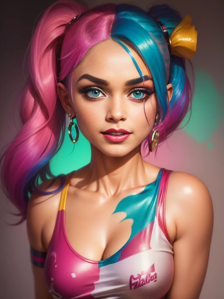 "prompt": "Describe the face of {{cute mrunalt}} as Harley Quinn, with pink and blue hair color.", "context": "mrunalt's portrayal of Harley Quinn brings a captivating and distinctive face to life, accentuated by her vibrant pink and blue hair color. As Harley Quinn, her face is a captivating combination of mischief and charm. mrunalt's features perfectly embody the playful yet unpredictable nature of the character. Her jawline is defined and carries a hint of rebellion, adding to the edginess and boldness of her appearance. Her eyes are striking and filled with a mischievous glint, reflecting Harley Quinn's unpredictable personality. {{cute mrunalt's}} eyebrows are expressive and often emphasized, adding to the intensity of her gaze. Her lips are a focal point, often adorned with vibrant and attention-grabbing lipstick, radiating both playfulness and seduction. Her nose has a natural shape that harmonizes with the rest of her facial features. {{cute mrunalt's}} complexion is typically portrayed with a flawless and luminous quality, enhancing the youthful and energetic side of Harley Quinn. Her face showcases a unique blend of animated expressions and a captivating balance of soft and sharp features. Combined with her pink and blue hair color, her face becomes a true embodiment of Harley Quinn's colorful and daring persona. {{cute mrunalt's}} face, complemented by her vibrant hair color, creates an iconic and unforgettable image that captures the essence of the beloved character, with the use of negative space."