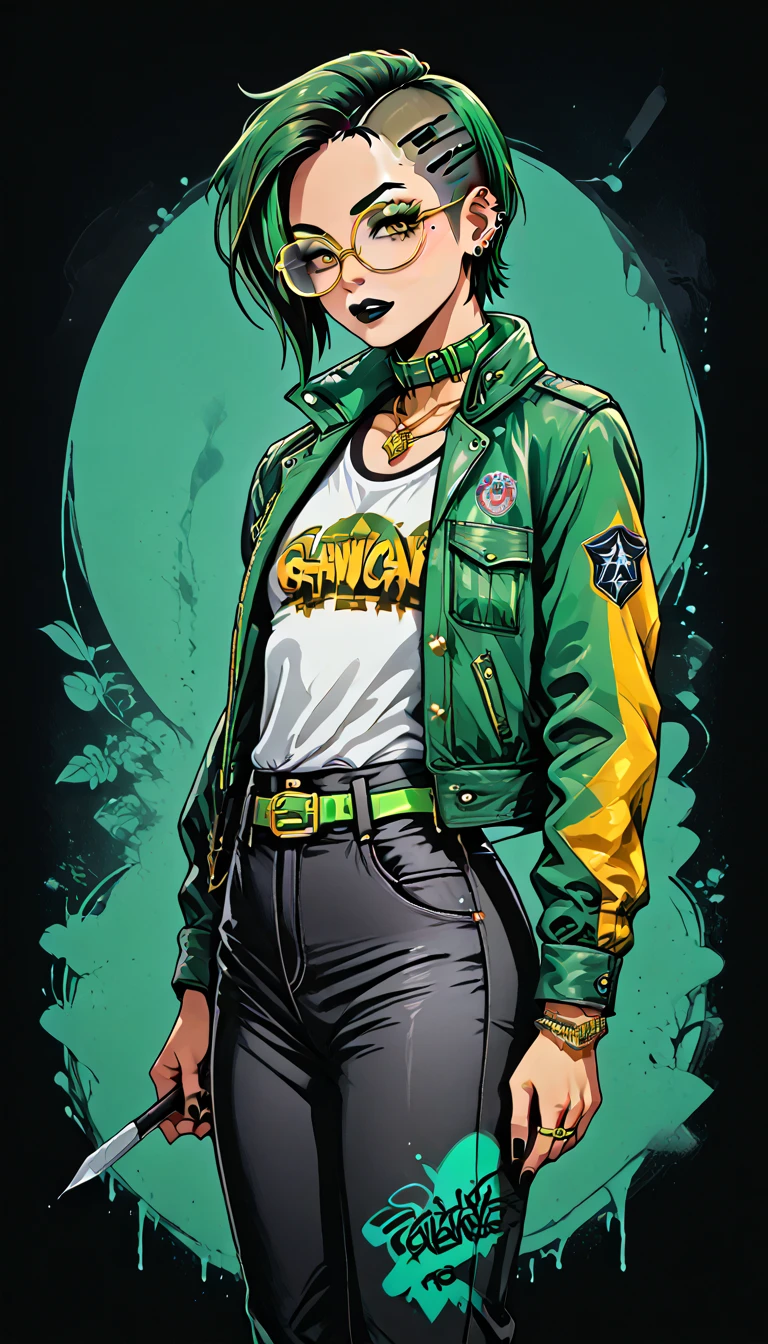 1boy;Androgynous;Chocolate punk undercut hair;gold eyes;freckled skin;toned,athletic body;black lip gloss;black eyeliner;green eyeshadow;sharp black nails;round glasses;grey tight shirt;black cargo pants;green belt;Green Canvas Jacket;Combat Boots;amber pendant;green collar;pierced ears;GothMOONXL
