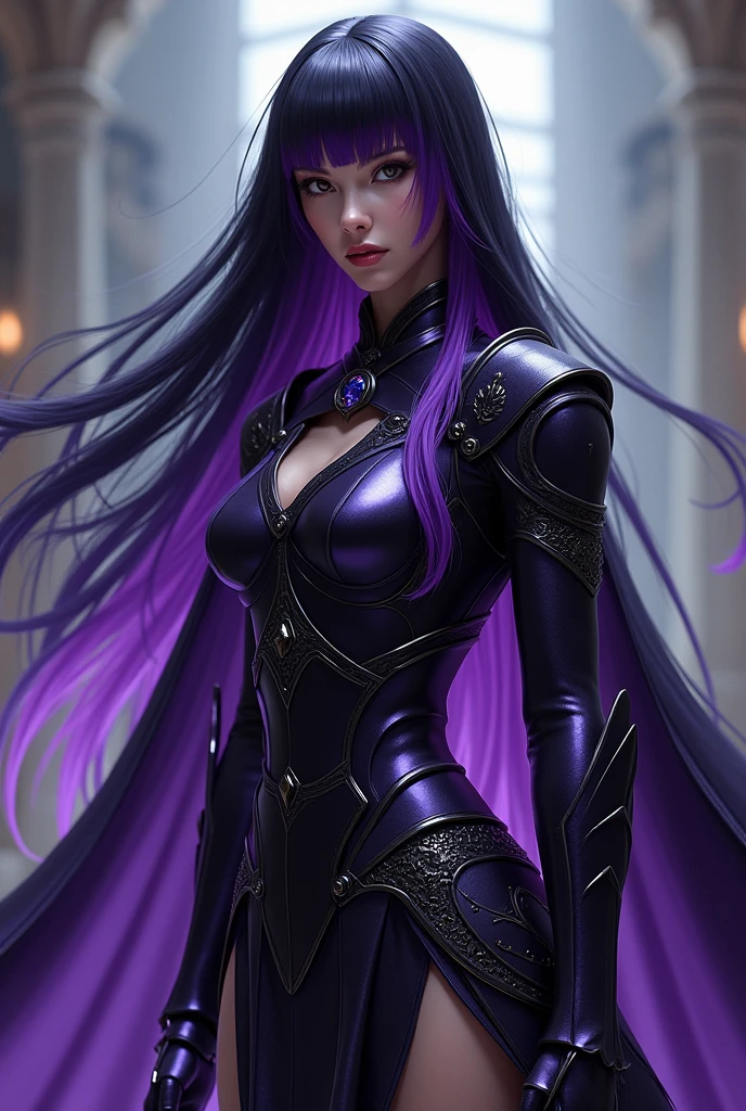 Masterpiece, best quality, 1girl, with long flowing iridescent hair in shades of purple, blue, and green, wearing a sleek black bodysuit, standing in a dramatic pose with one hand on her hip and the other holding a glowing, magical crystal ball. In the background, a swirling vortex of light and energy adds to the mysterious and enchanting atmosphere of the scene. glow hair, multicolor hair