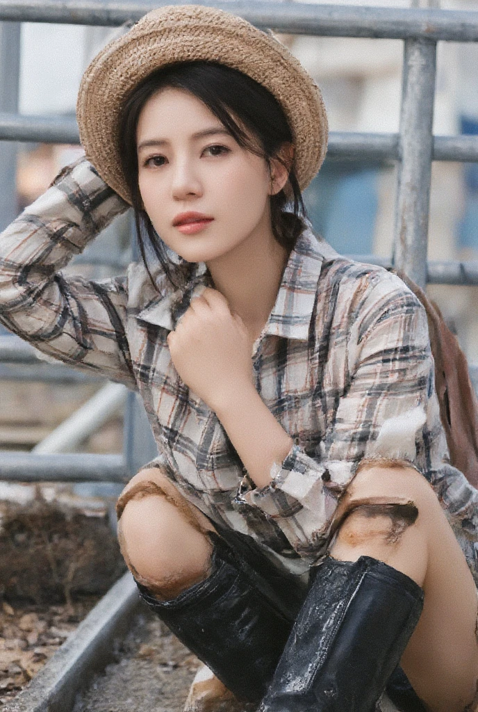  A pretty Korean girl works in a pig ring . She is very young ,  beautiful and beautiful .  She takes off her work clothes ，Expose nipples .  Her breasts are very big， but her waist is very thin . her pussy is leaking dirty water She is wearing a farmer's hat and boots .  immodest movie photo .