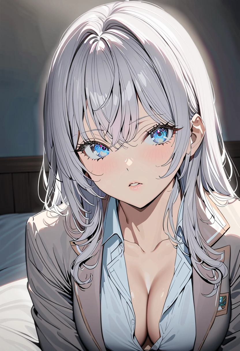 A beautiful silver-haired girl in a school uniform, with a moderate bust and slightly unbuttoned shirt, 1girl, school uniform, sitting in bed seductively ,silver hair, beautiful detailed eyes, beautiful detailed lips, extremely detailed face and eyes, long eyelashes, medium breasts, slightly unbuttoned shirt, highly detailed, intricate details, cinematic lighting, dramatic lighting, vibrant colors, studio lighting, 8k, best quality,  masterpiece