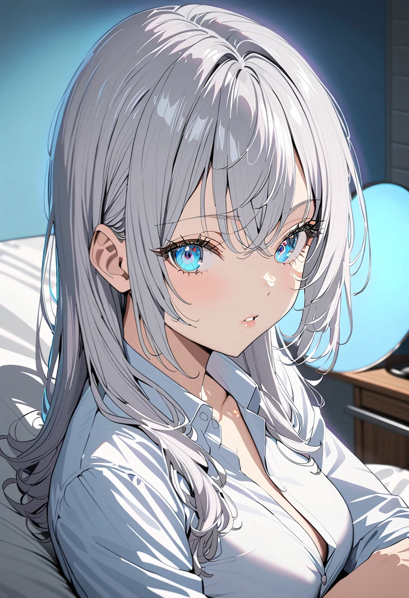 A beautiful silver-haired girl in a school uniform, with a moderate bust and slightly unbuttoned shirt, 1girl, school uniform, sitting in bed seductively ,silver hair, beautiful detailed eyes, beautiful detailed lips, extremely detailed face and eyes, long eyelashes, medium breasts, slightly unbuttoned shirt, highly detailed, intricate details, cinematic lighting, dramatic lighting, vibrant colors, studio lighting, 8k, best quality,  masterpiece