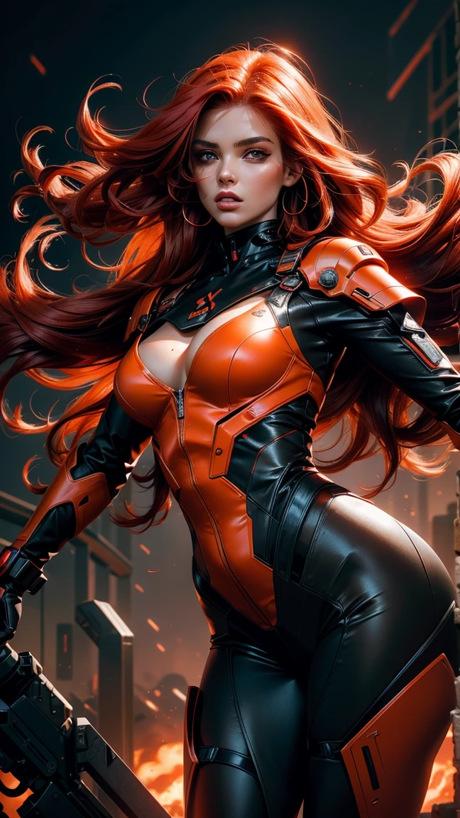 1 lonely girl with a mask large respirator gas mask on half her face fur half cyborg stands half sideways in a half turn she has a chic figure and big hips she has rich red long hair and red eyes and a black android suit with red elements dark background image cyberpunk mechanisms and red lights dark background space red planets lights