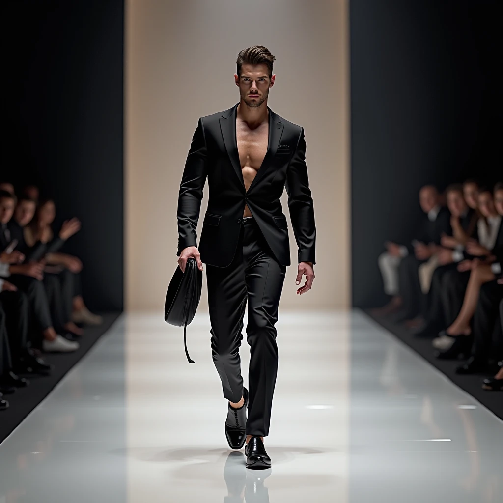 Full body man standing super realistic parading on a fashion runway blonde body robust and full-bodied wearing an elegant and modern outfit very muscular body about 20 years