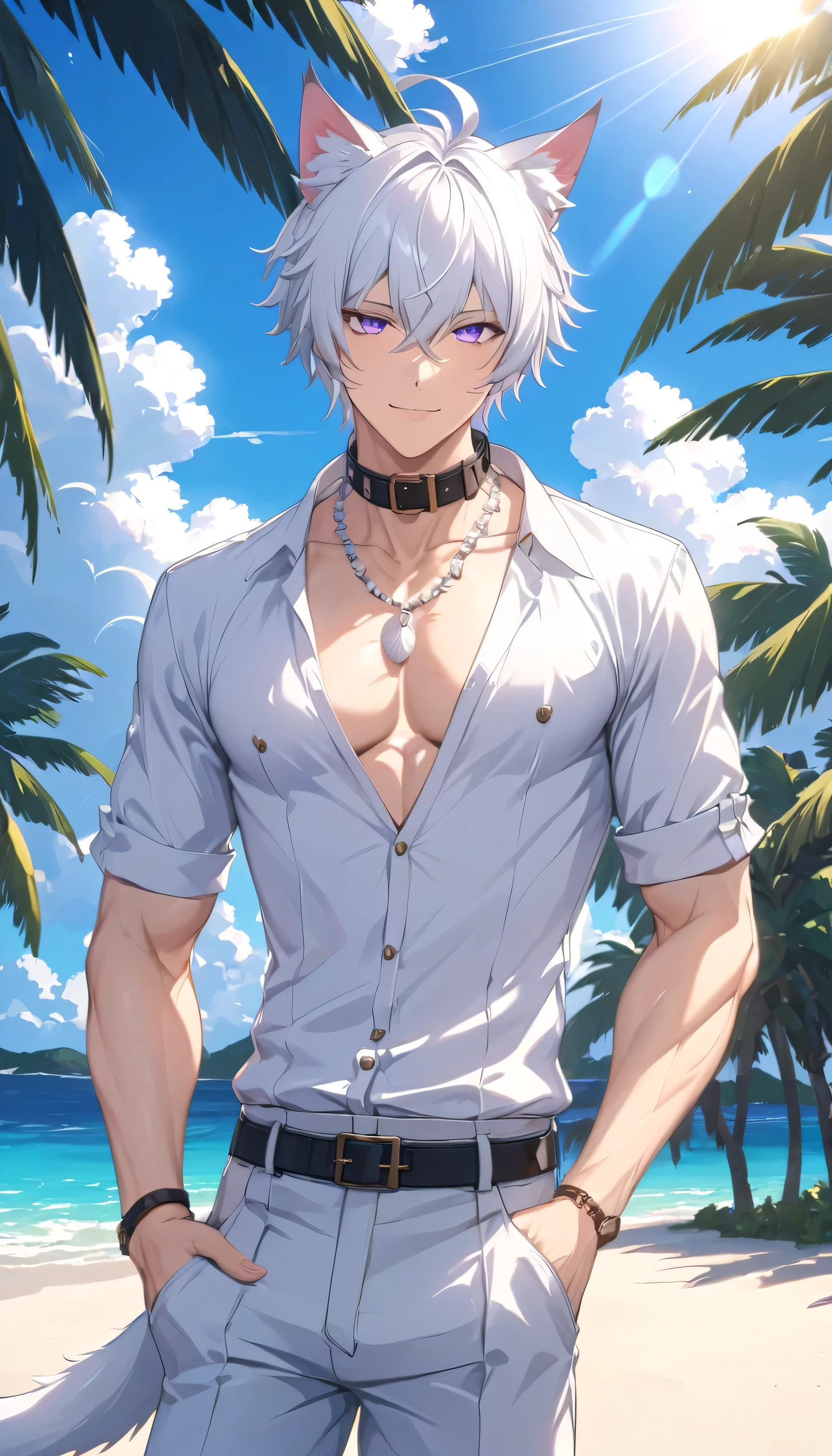 anime guy, sexy, white hair, pearl jewelry, seashells, beach