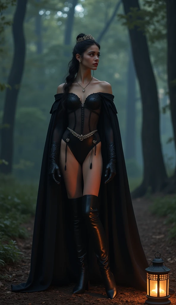 Teen girl, evil, teenager(1.3),13 years old, with black hair and blue eyes, detailed face, angelical face,cleavage, small breasts, dress with cape, desing with christian cross ,witch background in snow in prussia