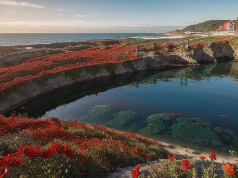 no humans, landscape,masterpiece, EMOTIONAL ,sunrise, Seaside, (((Red flowers are on the surface of the sea))),Reflection of light,High Quality ,  multi-view ,  Ghibli style color, 