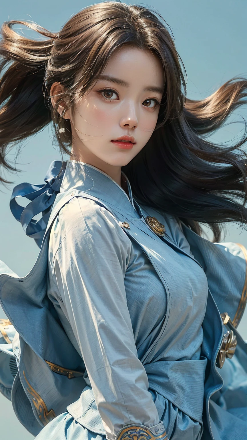 (masterpiece), ( top notch ), ( High Quality Details), (illustration), (1 woman),  look at the viewer and focus on the , (Interview),  beautiful and detailed eyes ,  delicate and beautiful face , Floating , (High saturation), (shining),  blue sky, Bright and beautiful face,  skin is young and radiant , 공정하고 shining, Best appearance , Very beautiful,  big eyes shine with clear sky blue light,  beautiful and amazing beautiful girl ,