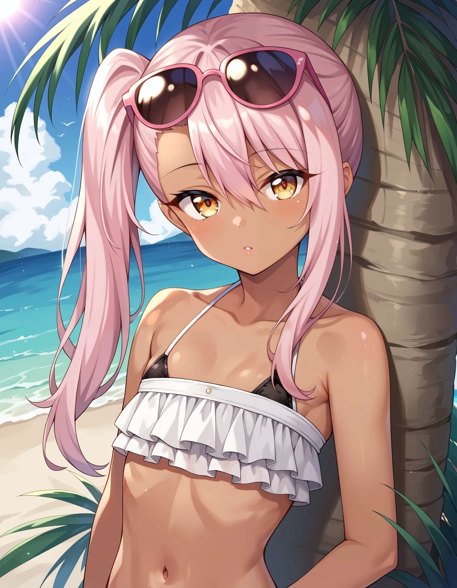 score_9, score_8_up, score_7_up, source_anime, Chloe_Von_Einzbern, 1girl, solo, yellow eyes, pink hair, long hair, hair between eyes, side ponytail, flat chest, dark-skinned female, upper body, looking at viewer, pink eyewear on head, beach, frilled bikini, navel, half closed eyes, head tilt, sunrays,