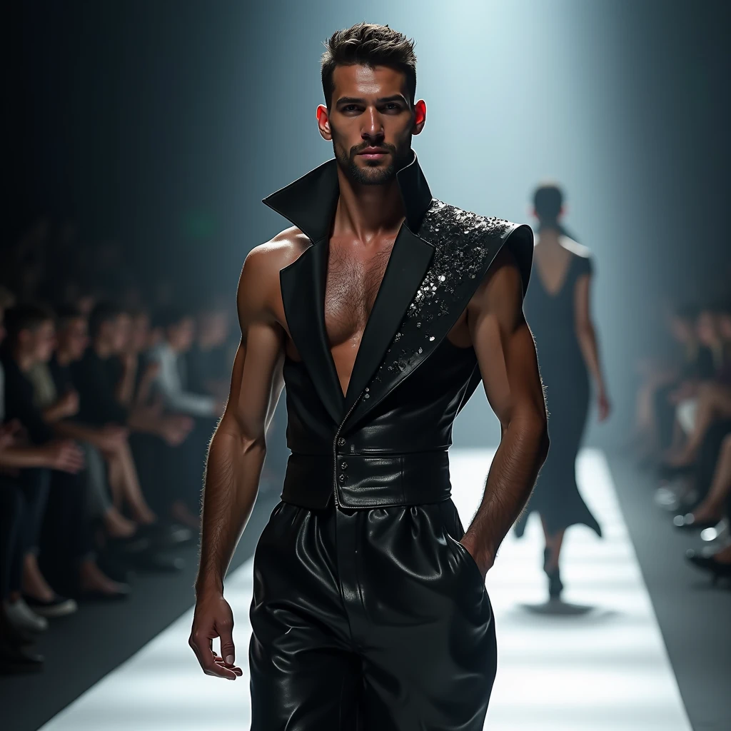 extremely thin man parading without t-shirt, black hair, short black beard, fashion show, milan fashion, show, sexy, smiling, full body, body positivy