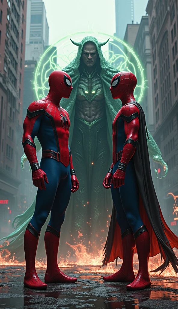 Three spider man tom Holland Andrew Garfield and Tobey Maguire against Robert Downey Jr doctor doom