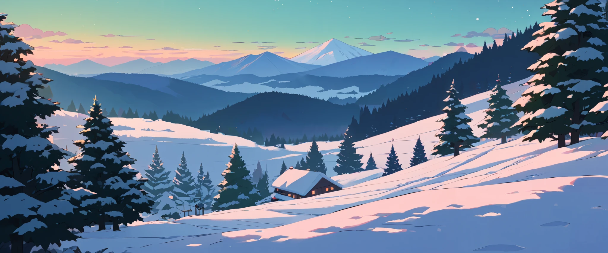 Christmas vibes ultrawide ,cozy ,lofi ,landscape ,forest ,mountain