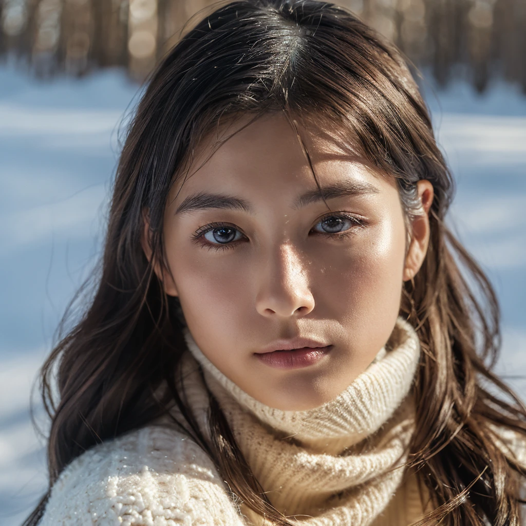 A hyper-realistic image of a single Japanese woman in her early 20s, captured with the nostalgic graininess and subtle imperfections of a film camera, set against a serene winter backdrop. Her skin has a warm beige tone with visible texture, including natural pores, slight roughness, and small tonal variations that mimic real-life skin. The lighting is soft and diffused, as if on a cloudy winter day, with cool undertones and gentle shadows that subtly highlight the contours of her face without over-smoothing her features. Her straight, slightly windswept black hair frames her face naturally, each strand catching the faint winter light. Her deep brown eyes reflect the ambient light with a muted brilliance, and her lips have a matte texture, free of excessive gloss or artificial sheen. She is dressed in a simple, warm winter coat and a softly textured scarf, with faint snowflakes melting delicately on her shoulders. The film camera effect introduces a subtle grain, further enhancing the authenticity of the image, while the overall composition balances rough, realistic textures with the ethereal beauty of a quiet winter day. The imperfections in her skin, combined with the soft, natural light, create a strikingly lifelike and unfiltered depiction.