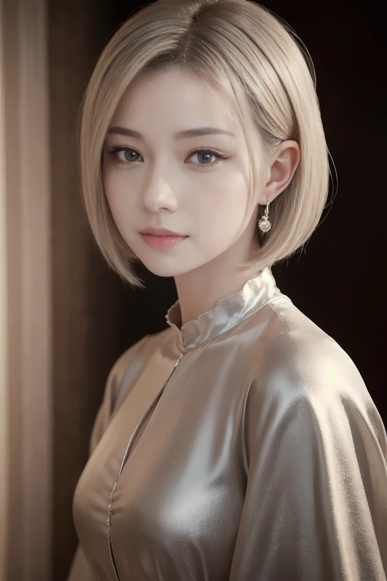 Sana, A beautiful silver-haired medieval woman with a soft face and bob haircut, big brown eyes, detailed face, long eyelashes, wearing modest clothes, elegant silk flower background, cinematic photorealistic lighting, dramatic night scene, (best quality,4k,8k,highres,masterpiece:1.2),ultra-detailed,(realistic,photorealistic,photo-realistic:1.37),cinematic,dramatic,moody,warm light