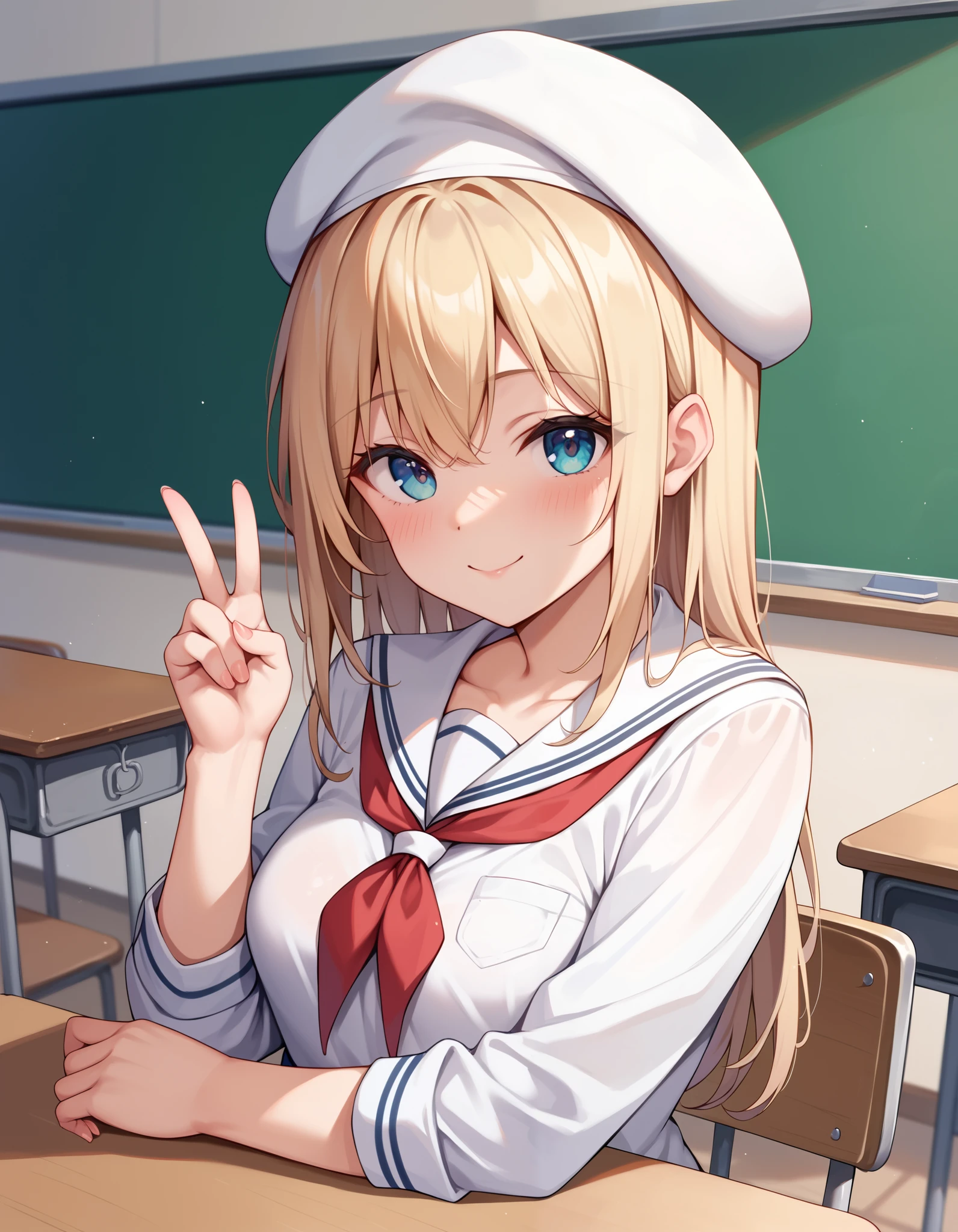 Puffi, looking at viewer, shy, upper body, smile, white school uniform, v-arms, classroom, masterpiece, absurdres, high quality, highres, white beret, 1girl, solo, blush, sitting,