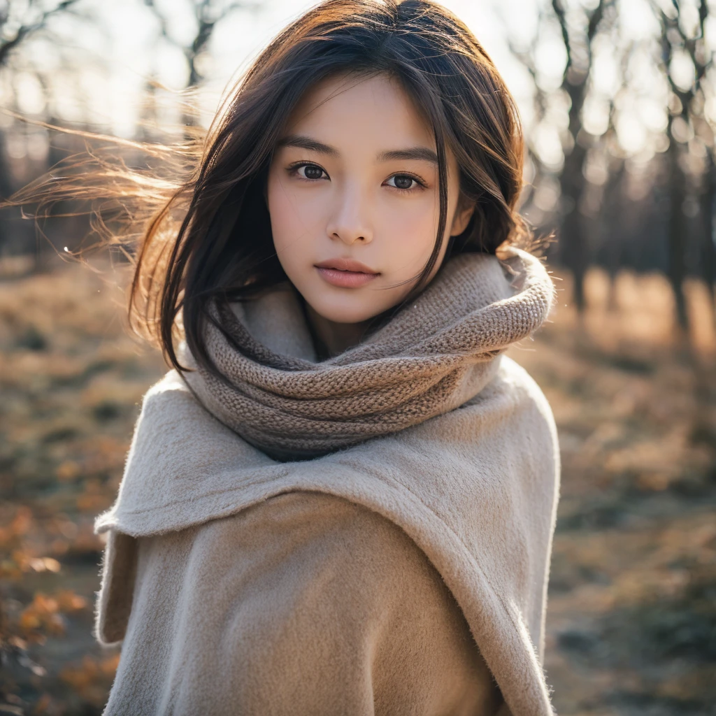 A hyper-realistic image of a single Japanese woman in her early 20s, captured with the nostalgic graininess and subtle imperfections of a film camera, set against a serene winter backdrop. Her skin has a warm beige tone with visible texture, including natural pores, slight roughness, and small tonal variations that mimic real-life skin. The lighting is soft and diffused, as if on a cloudy winter day, with cool undertones and gentle shadows that subtly highlight the contours of her face without over-smoothing her features. Her straight, slightly windswept black hair frames her face naturally, each strand catching the faint winter light. Her deep brown eyes reflect the ambient light with a muted brilliance, and her lips have a matte texture, free of excessive gloss or artificial sheen. She is dressed in a simple, warm winter coat and a softly textured scarf, with faint snowflakes melting delicately on her shoulders. The film camera effect introduces a subtle grain, further enhancing the authenticity of the image, while the overall composition balances rough, realistic textures with the ethereal beauty of a quiet winter day. The imperfections in her skin, combined with the soft, natural light, create a strikingly lifelike and unfiltered depiction.