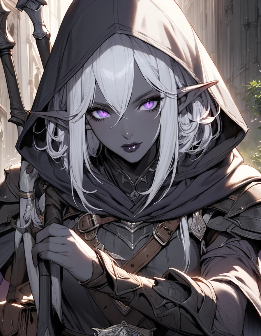 drow,  pointed ears, Single, elf, Hood, Skin color, I look at the audience, Long silver hair, cloak, dark elf, Hood up, e.g, Hooded cloak, belt, pouch, lavender-colored eyes, gray skin, upper body, weapon, lips, armor, black/White icon, potion belt, smith tools on belt,((masterpiece, Best quality))