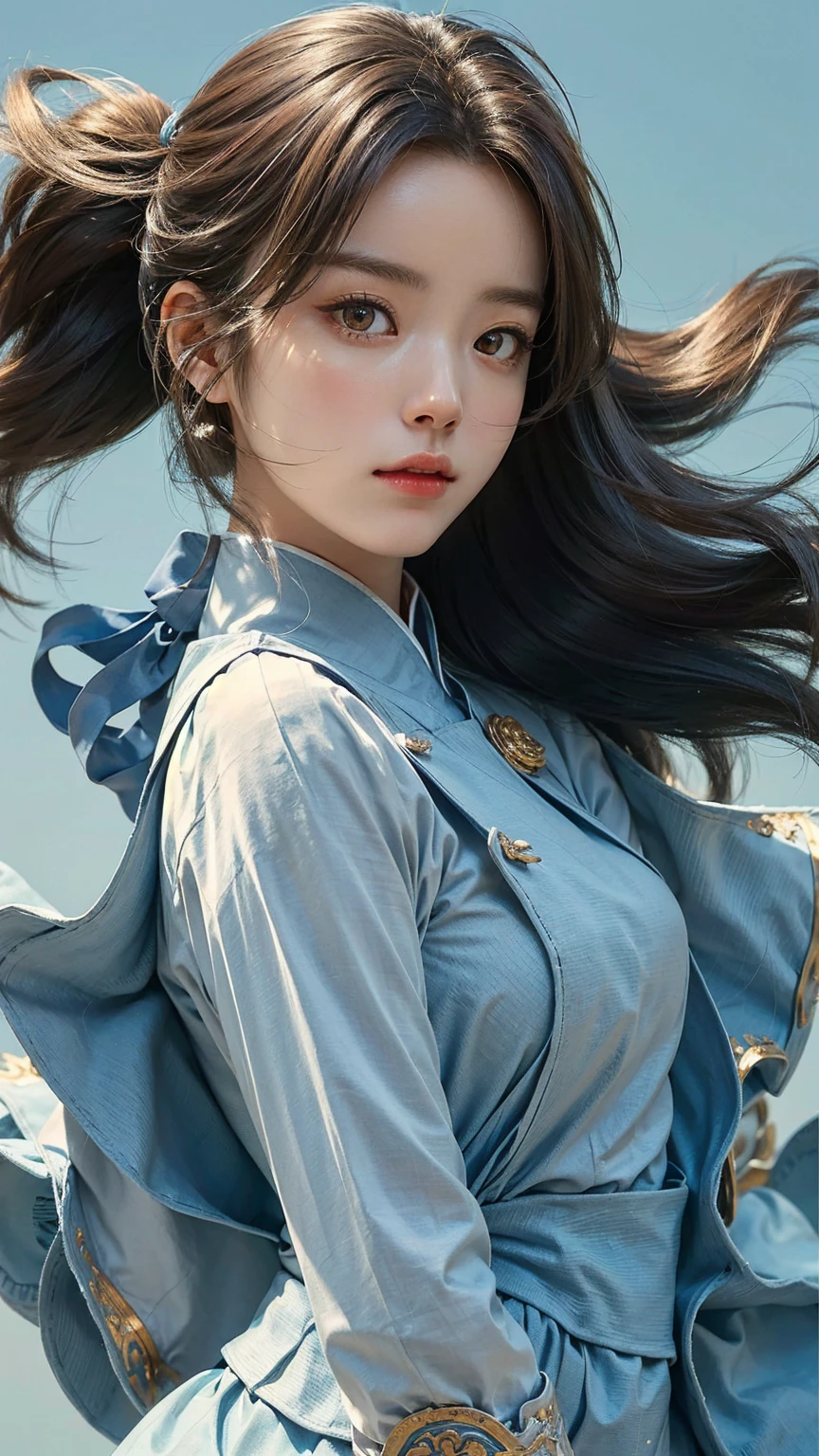 (masterpiece), ( top notch ), ( High Quality Details), (illustration), (1 woman),  look at the viewer and focus on the , (Interview),  beautiful and detailed eyes ,  delicate and beautiful face , Floating , (High saturation), (shining),  blue sky, Bright and beautiful face,  skin is young and radiant , 공정하고 shining, Best appearance , Very beautiful,  big eyes shine with clear sky blue light,  beautiful and amazing beautiful girl ,