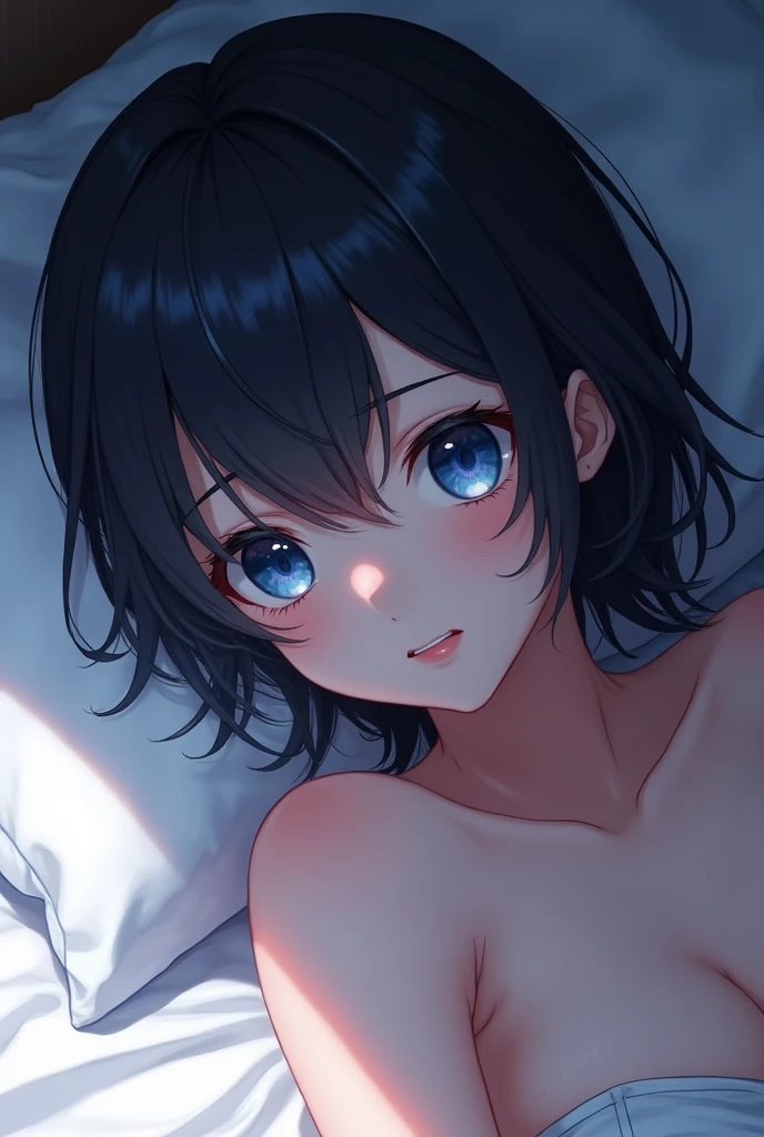 masterpiece、highest quality、female 1、Super detailed black hair、straight hair blue eyes、Big eyes、droopy eyes、beautiful eyes smiling face is close、Facial Close-up cleavage、nude pillow、sheets