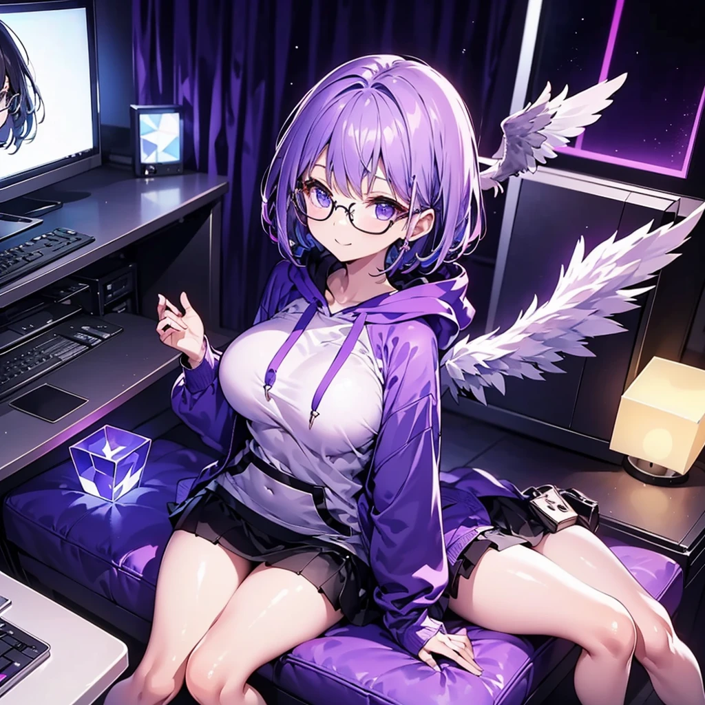 solo1.8、 High Quality、Bird's-eye view from above composition 1 .7、Seiko no Hand 1 .5、 black bob cut、 sitting on the purple cube in front of the monitor 、black simple hoodie and purple mini skirt 1.6、 Fleshy Thighs 1 .3、 with a silver light cube floating in the right hand 1.7、Angel Girl Sandalphone 1 .8、Confident smile without opening her mouth1 .1、black rimmed glasses 1.4、dark room 1 .8