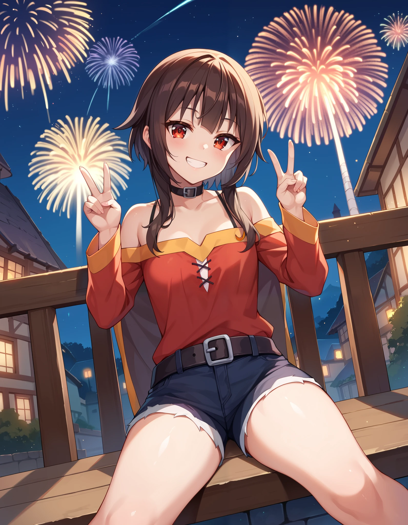 score_9, score_8_up, score_7_up, BREAK, 1girl, solo, megumin, night, dark, outdoors, looking at viewer, sitting, smile, town, dynamic angle, peace_sign, v, fireworks