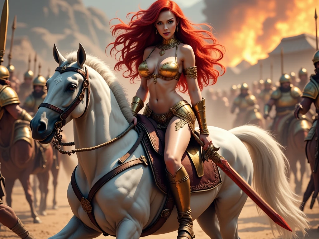 Red Sonja, beautiful woman with long red hair, detailed face, striking eyes, detailed lips, highly detailed, riding a white horse, holding a sword, fantasy, cinematic lighting, dramatic pose, warm colors, rich textures, vibrant digital art, photorealistic, 8k, hyperdetailed, masterpiece