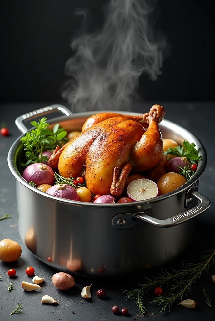 Design a hyper-realistic image of a stainless steel cooking pot with a large, precisely cutaway section on its side, revealing the interior. Inside the pot, a perfectly roasted whole chicken with golden-brown skin is prominently displayed, surrounded by carefully arranged ingredients. Include halved red onions with visible layers, evenly cut potatoes with their skins, fresh herbs like parsley and thyme, garlic cloves, and colorful peppercorns scattered around the chicken. Steam rises naturally from the pot, giving the impression of freshly cooked food. The cutaway section should seamlessly blend into the design of the pot, maintaining its structural integrity while offering a clear and unobstructed view of the contents. Use dramatic, soft lighting to highlight the glossy surface of the pot and the textures of the ingredients. The background should be a dark matte surface with subtle reflections, and add small accents like scattered spices and vegetable slices around the pot for extra depth and realism.