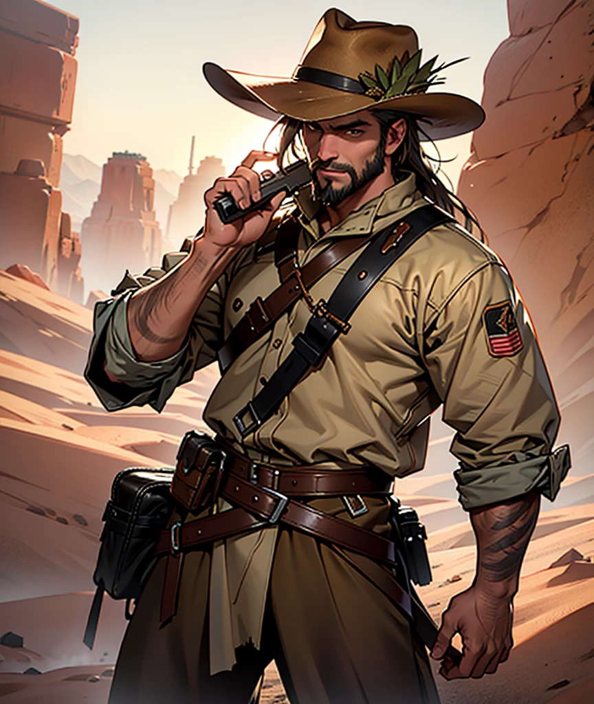 A cowboy with a primitive clothing design in a post-apocalyptic world. He rides a beautiful wild mustang horse in white and brown and holds his hat with one hand. He has a wheat twig in his mouth. The outfit is mostly brown and has Cheyenne ornaments. The torn outfit consists of a traditional PONCHO. A brown and black leather cowboy hat. He makes a gun sign with his fingers and points it at the viewer. In the background we can see a beautiful view of a red desert and tall cacti. Solo, 1 man, Serious, High resolution, Correct anatomy, Best quality, Fine details, Very detailed, UHD. Post-apocalyptic atmosphere. The man has a very cool and powerful style and pose. Wet hair, 3-day beard. Sunset, Extra realistic, Realistic, Photorealistic.  we can clearly see the cowboy's face, worn by time and a heavy history.UHD, Très détaillé, Haute qualité, Détails fins, Qualité, Modèle HD, Qualité Meilleure, Anatomie correcte, Résolution Haute, 