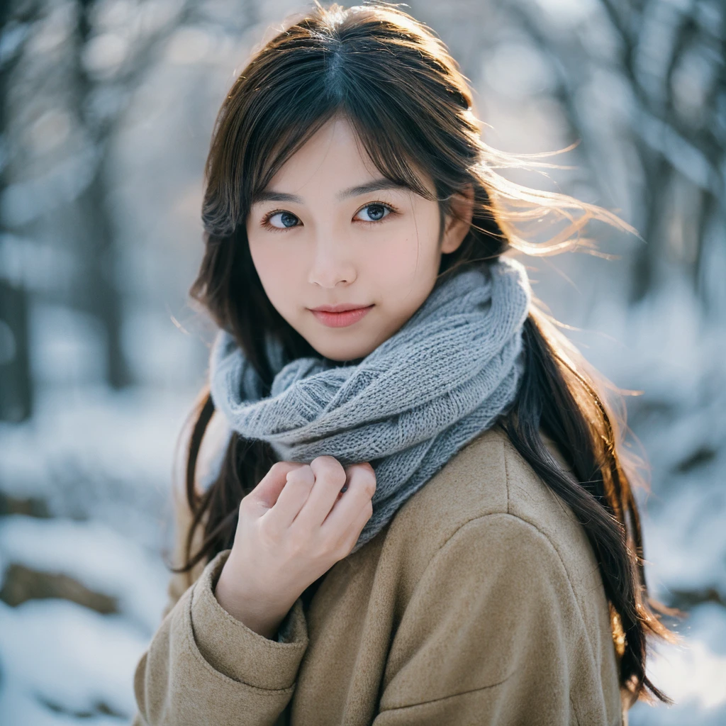 A hyper-realistic image of a single Japanese woman in her early 20s, captured with the nostalgic warmth and subtle graininess of a film camera, set in a serene winter scene. Her skin has a warm beige tone with a natural, slightly rough texture that includes visible pores, fine lines, and subtle imperfections such as small blemishes, adding to the authenticity of her appearance. The soft, diffused natural light of a cloudy winter day enhances the film-like quality, casting gentle, cool-toned shadows that create a crisp yet nostalgic atmosphere. Her straight, glossy black hair frames her face in a natural, slightly tousled manner, and her deep brown eyes reflect the ambient light, adding depth and emotion. She is dressed warmly in a simple yet elegant winter coat, with a soft scarf wrapped loosely around her neck, blending seamlessly with the snowy background. The film camera effect introduces a slight grain and a muted, cool color palette, emphasizing the winter chill while maintaining the realistic texture of her skin. The overall composition is designed to evoke a sense of quiet elegance and timeless beauty, with the wintery elements adding an ethereal charm to the scene.