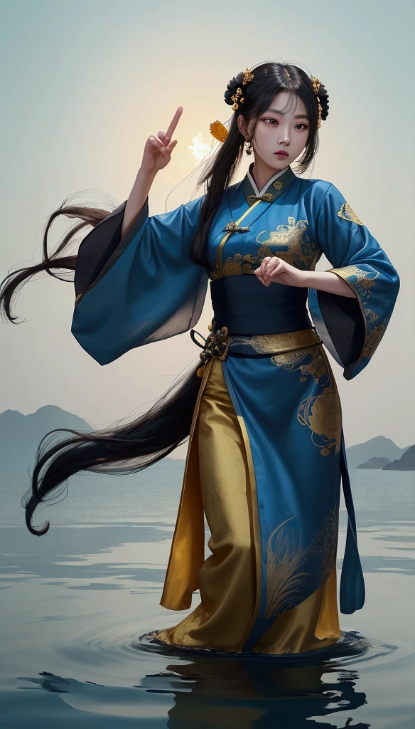 a beautiful girlin ancient china is practicing chinese kungfu, pointing down, she stands on the water with a hazy reflection, she has a delicate and vivid face, long black and golden hair, big: 2 eyes, charming eyes, charming face, long eyelashes, she wears amber and azure hanfu with delicate patterns and colorful fluid color fluid formation, intricate, ink flow, ink style, midrange, by Gu Kaizhi, Zhang xuan, aesthetic mood, golden gilding, dense composition, soft shadow, clean and sharp focus, film photography, center composition poster design, 32k, Flim photography,Panoramic View,32K --niji 5 --s 99 --ar 9:16