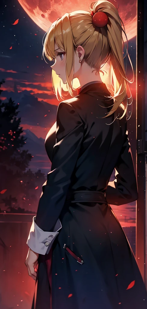  blonde ponytail woman， Long Coat ， rear view of posture， silhouette，Red Moon，gate，