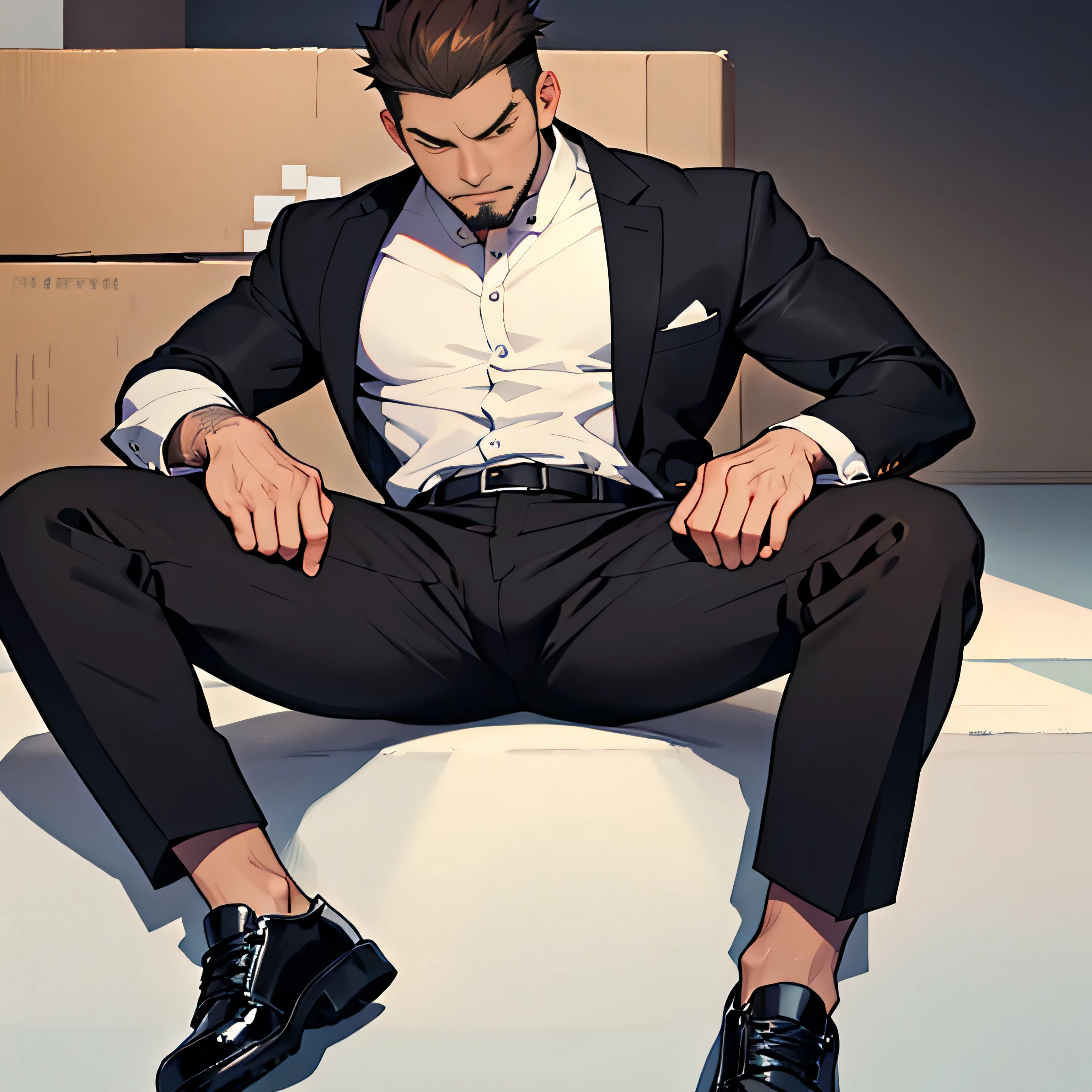 Age 30,father, Simple Black Single Suit , Riverbank、 cm apart ,Spread your legs wider,black belt,Black socks,Black leather shoes,logic, Gay ,Brown Hair, Shorthair, thick eyebrows,Stubble, Lightly Set Your Hair with Wax ,Kakuryu Takeru,Masculine,salaryman,Mob characters,Bad Actor , The crotch part of the pants is bulging,,Menacing look