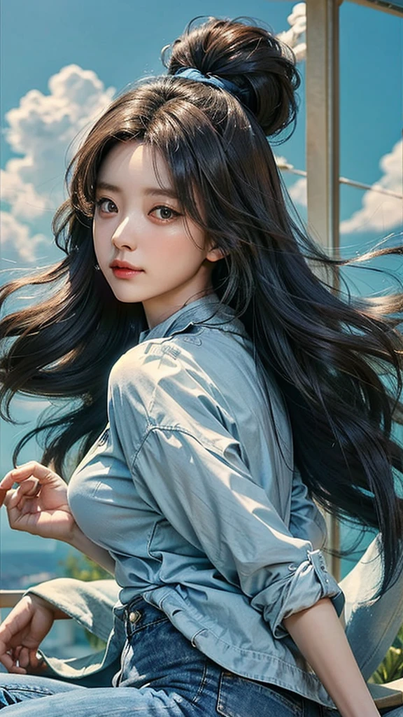 (masterpiece), ( top notch ), ( High Quality Details), (illustration), (1 woman),  look at the viewer and focus on the , (Interview),  beautiful and detailed eyes ,  delicate and beautiful face , Floating , (High saturation), (shining),  blue sky, Bright and beautiful face,  skin is young and radiant , 공정하고 shining, Best appearance , Very beautiful,  big eyes shine with clear sky blue light,  beautiful and amazing beautiful girl, (T-shirt and jeans),