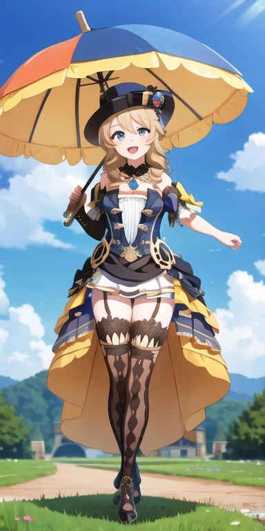 navia_gi, looking at viewer, smile, open mouth, skirt, thighhighs, gloves, hat, dress, holding, bare shoulders, standing, :d, outdoors, detached sleeves, sky, day, cloud, blue sky, umbrella, garter straps, drill hair, brown gloves, water drop, holding umbrella, brown headwear, rainbow , full body art , full body , 1 girl , young girl