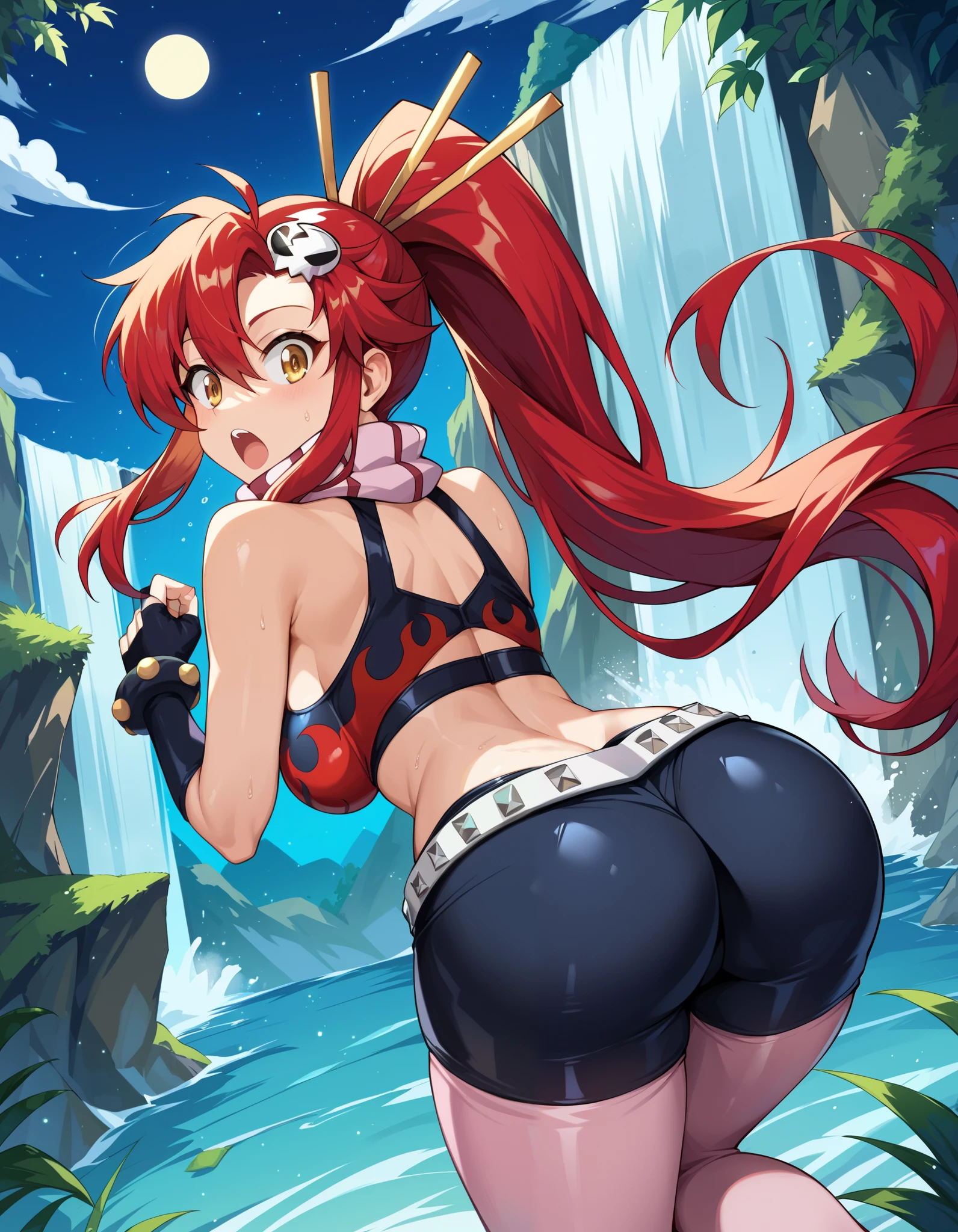 score_9, score_8_up, score_7_up, rating_safe, BREAK, night, dark, waterfall, yoko_littner, tengen_toppa_gurren_lagann, 1girl, red_hair, yellow_eyes, ass, looking at viewer, surprised