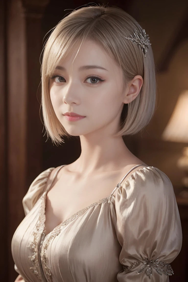 Sana, A beautiful silver-haired medieval woman with a soft cute face and bob haircut, big brown eyes, detailed face, long eyelashes, wearing modest clothes, elegant silk flower background, cinematic photorealistic lighting, dramatic night scene, (best quality,4k,8k,highres,masterpiece:1.2),ultra-detailed,(realistic,photorealistic,photo-realistic:1.37),cinematic,dramatic,moody,warm light