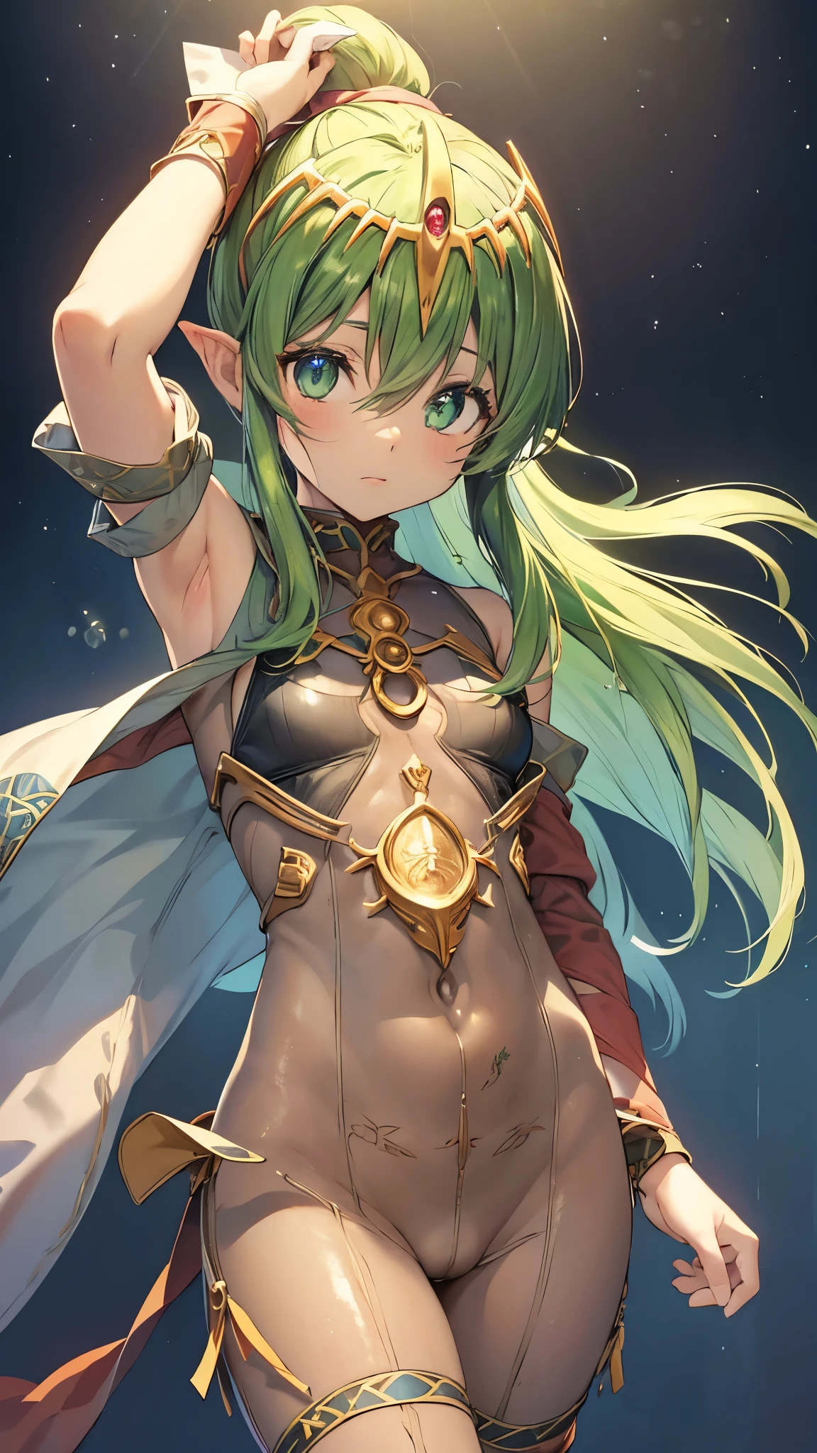 1birl,solo,during daytime,yTiki_Fe,((chibi)),green hair,solo,(flat chest),skinny,(bodysuit:1.5),Perfect fit,bare shoulders,(upper body:1.3),blush,(cameltoe:1.3), show off your crotch to the viewer,masterpiece,Noise Reduction,perFect anatomy,high resolution, ultra-detailed, ultra-detailed face,game cg,dutch angle ,beautiful detailed eyes,visualart,five fingers, perFect hands, perFect lighting, sparkling pupils