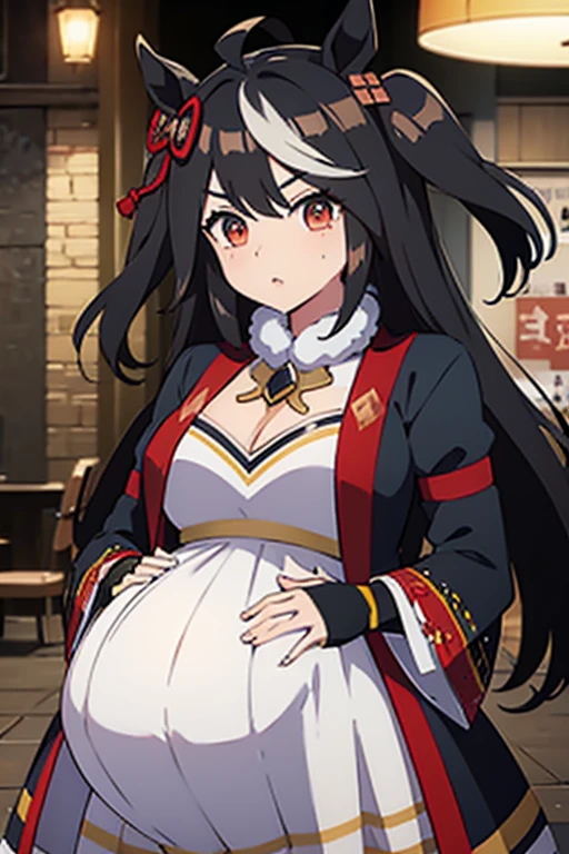 Azur Lane Slow Ahead Style, score_9, score_8_up, score_7_up, source_anime, rating_safe, BREAK akaginor, 1girl, akagi \(azur lane\), fox girl, red eyes, brown hair, long hair, blunt bangs, sidelocks, fox ears, fox tail, multiple tails, large breasts, hair tubes, black kimono, open kimono, cleavage cutout, wide sleeves, long sleeves, black gloves, sash, sakuramon, armor, hakama short skirt, red skirt, pleated skirt, black thighhighs, standing, evil smirk, arms crossed under her chest