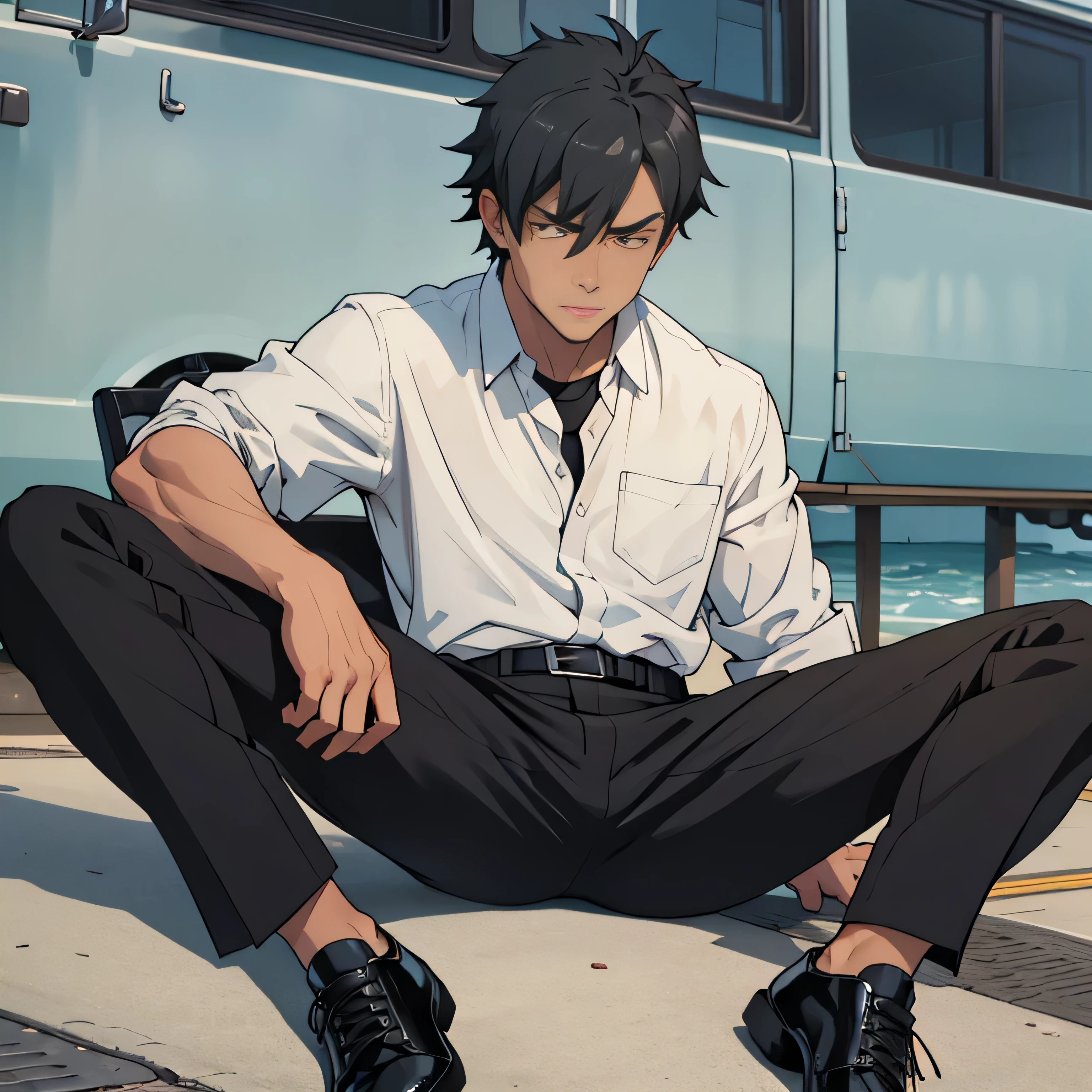 Age 30,father, Simple Black Single Suit , Riverbank、 cm apart ,Spread your legs wider,black belt,Black socks,Black leather shoes,logic, Gay , black hair, Shorthair, thick eyebrows,Stubble, Lightly Set Your Hair with Wax , Hachiman Hachiman,Masculine,salaryman,Mob characters,Bad Actor , The crotch part of the pants is bulging,,Menacing look